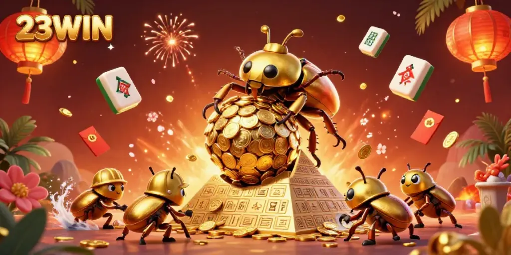 Experience thrilling moments with 23WIN as illustrated by energetic beetles pushing golden coins in vibrant casino theme.