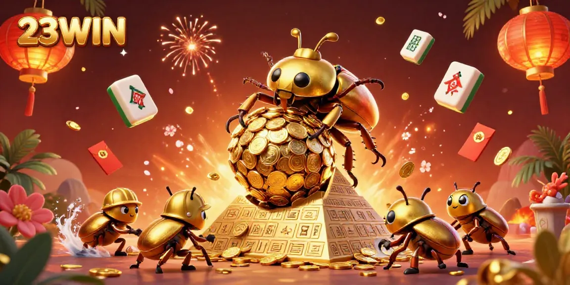 Experience thrilling moments with 23WIN as illustrated by energetic beetles pushing golden coins in vibrant casino theme.
