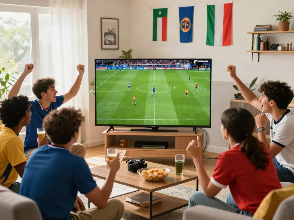 Friends enjoying a live football match on Thapcamtv in a cozy living room.