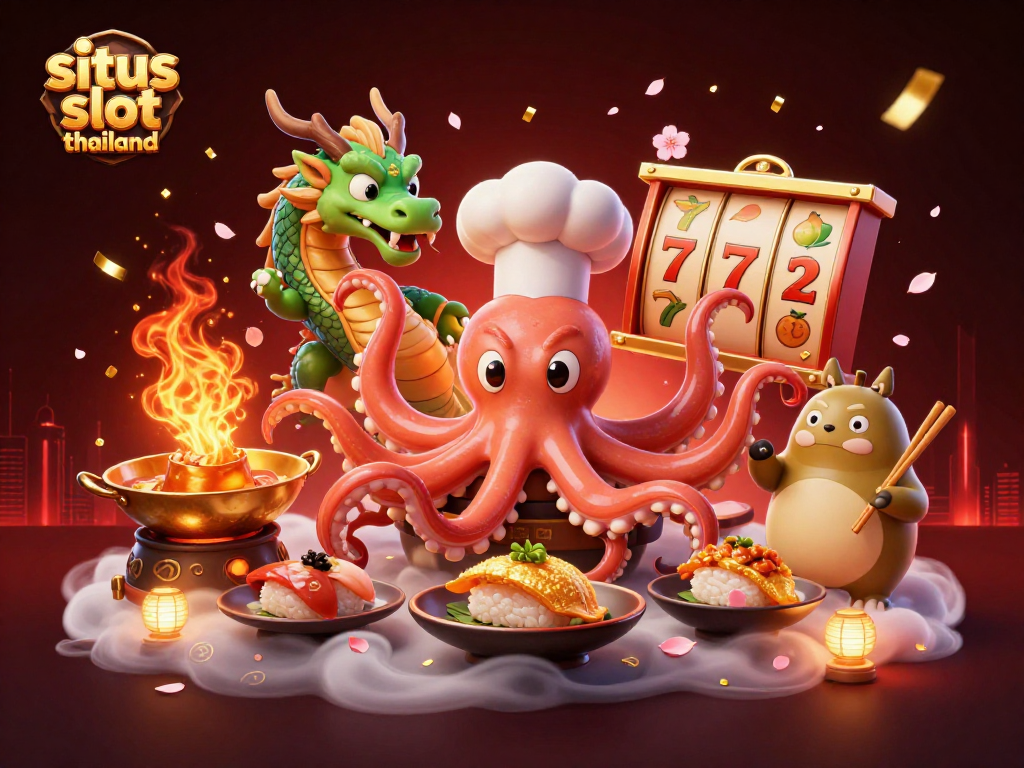 Play on situs slot thailand with a vibrant scene featuring a sushi chef octopus, dragon, and tanuki.