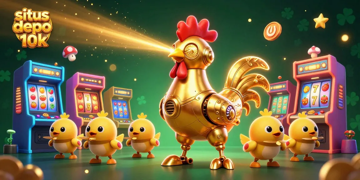 Engage in situs depo 10k gaming excitement with colorful slot reels and animated characters in a vibrant arcade