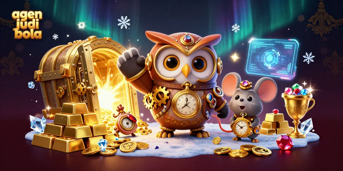 Engage with agen judi bola as a cartoon owl and mouse explore a vibrant steampunk casino.