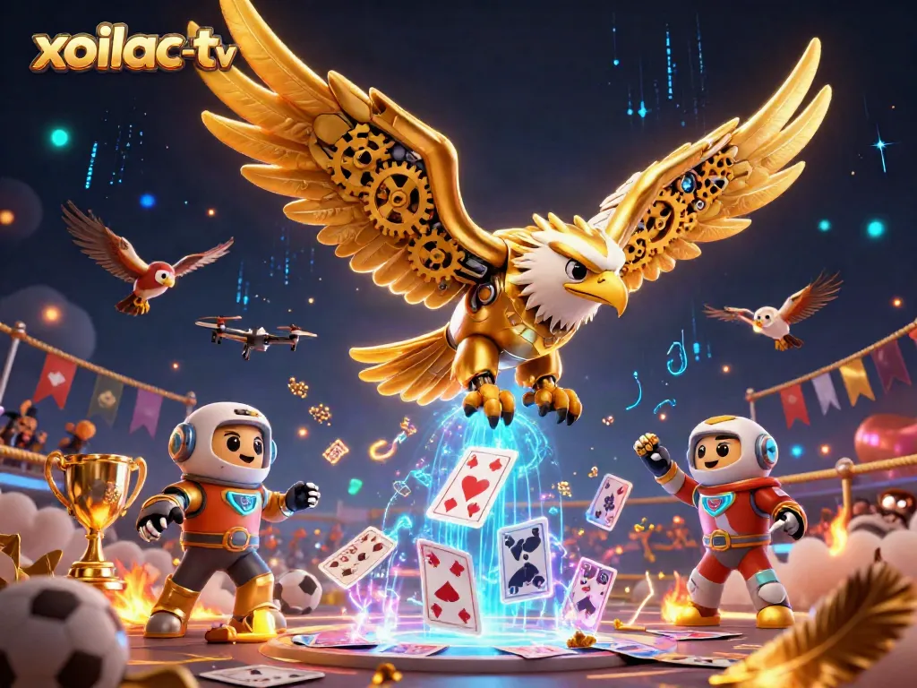 Xoilac-TV features a dynamic scene with a golden eagle diving through holographic playing cards amidst vibrant gaming action elements.