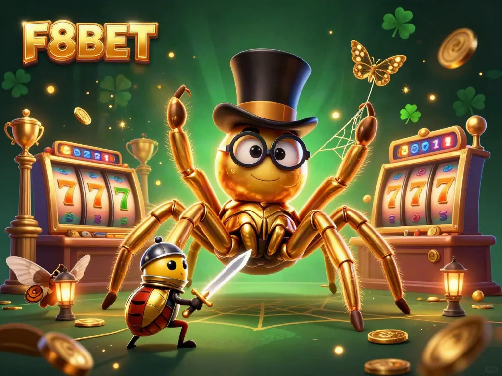 Experience F8BET with a captivating scene featuring golden tarantulas, beetle knights, and dynamic slot reels