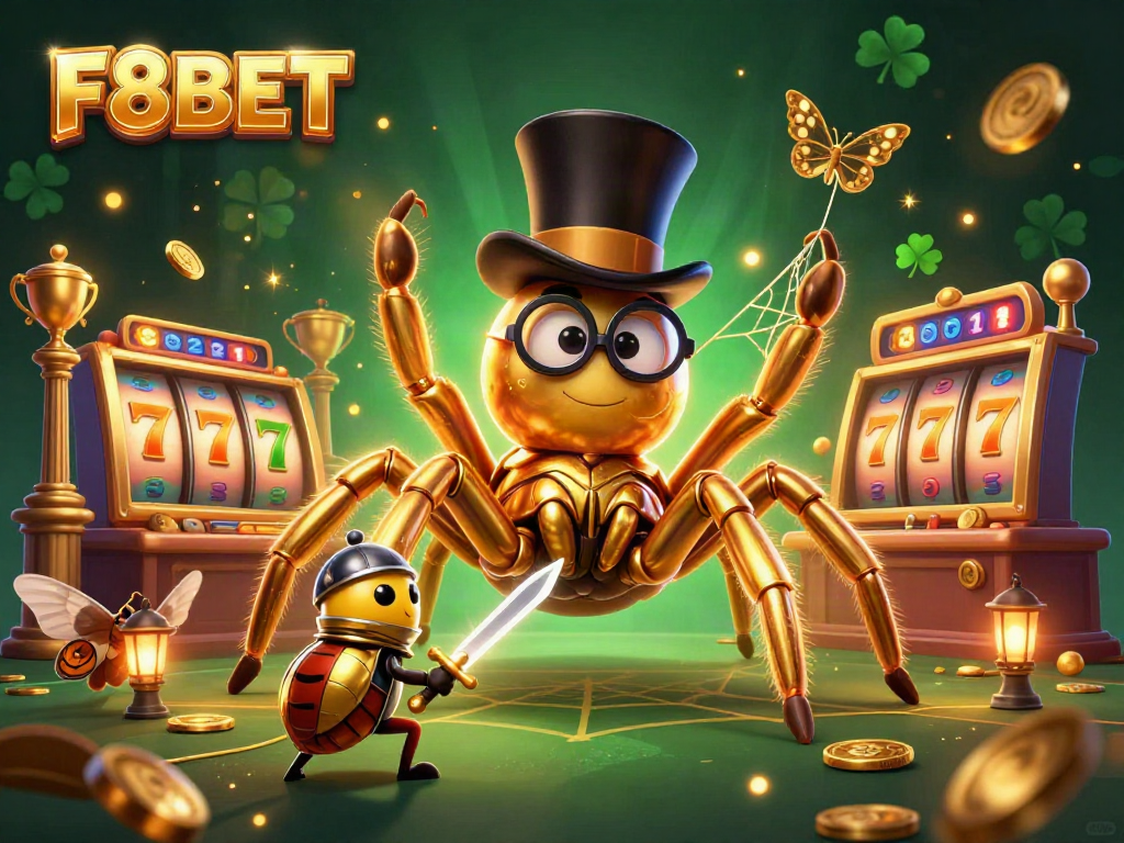 Experience F8BET with a captivating scene featuring golden tarantulas, beetle knights, and dynamic slot reels