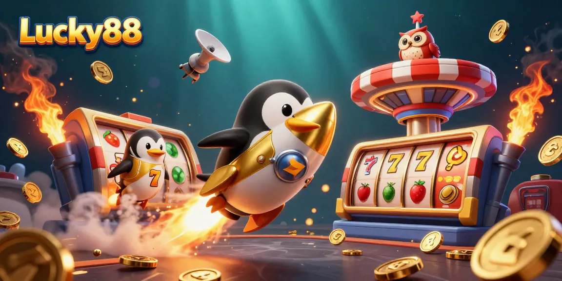 Experience the excitement of Lucky88 with a vibrant 3D casino illustration featuring jackpot spins and gold!