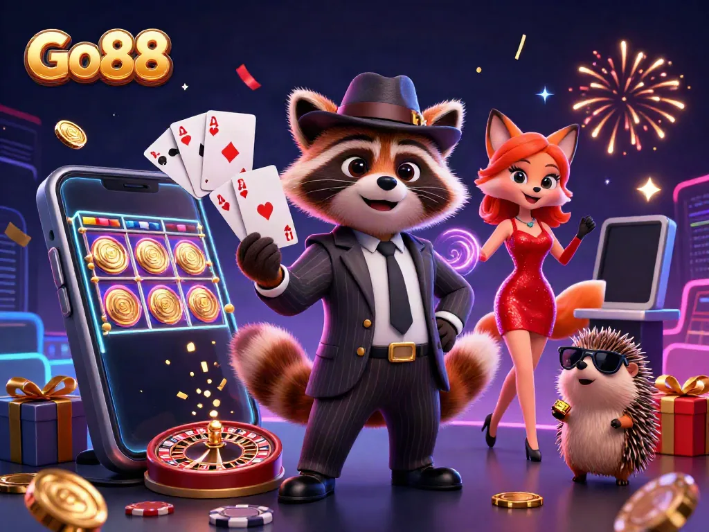 Engage with Go88's exciting games, featuring a suave raccoon holding a royal flush in a vibrant casino scene.