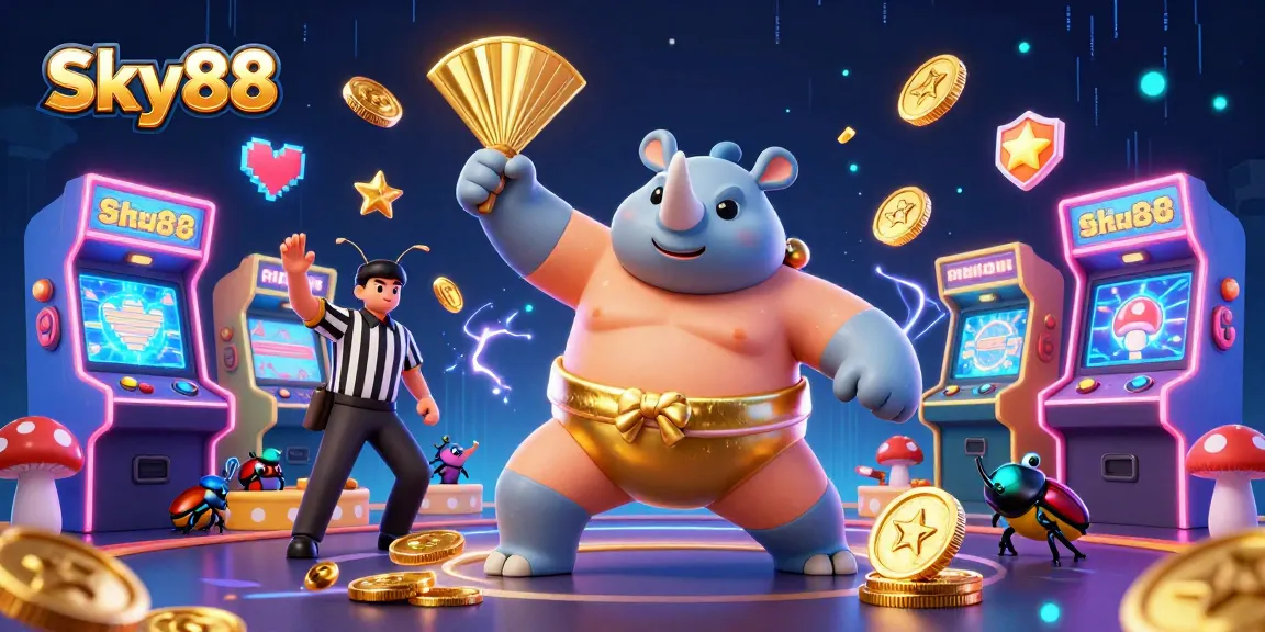 Experience thrilling gameplay at Sky88 with a vibrant 3D casino scene featuring action-packed characters and game elements.