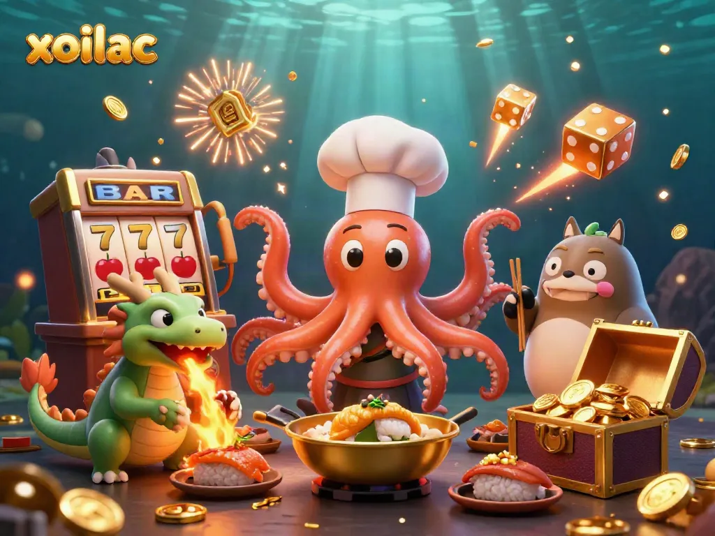 Xoilac showcases a vibrant scene with cartoon chef octopus and dragon, and thrilling gambling elements.