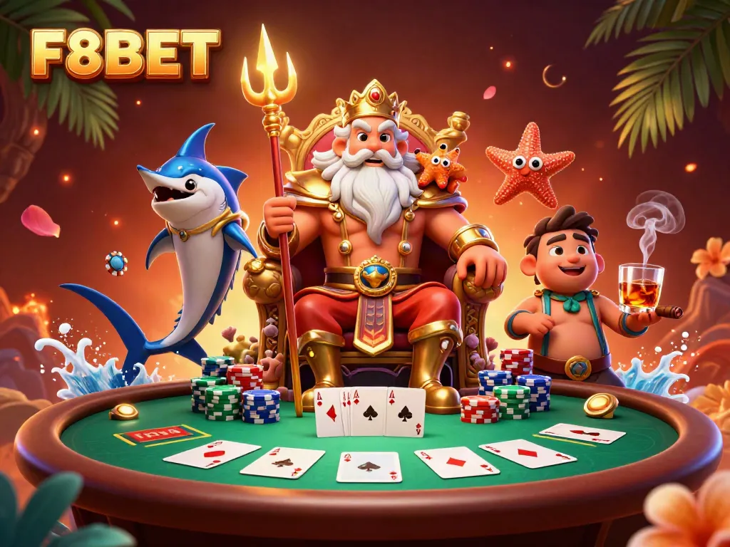 Engage in thrilling gaming with F8BET featuring Neptune and vibrant poker elements.