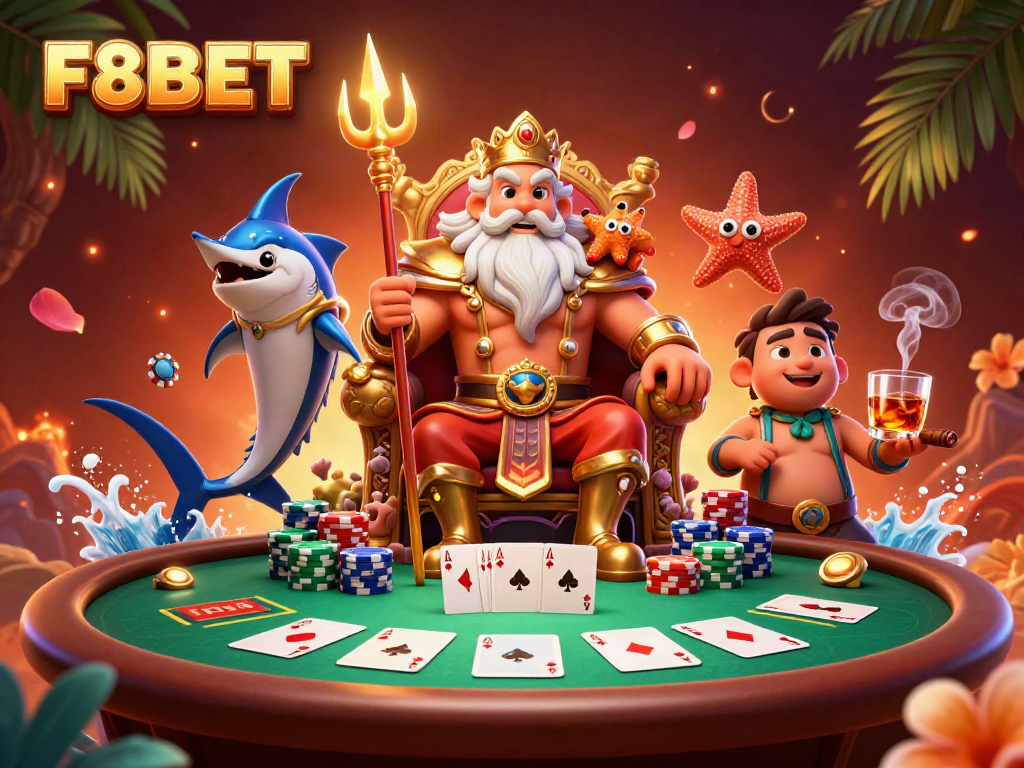 Engage in thrilling gaming with F8BET featuring Neptune and vibrant poker elements.