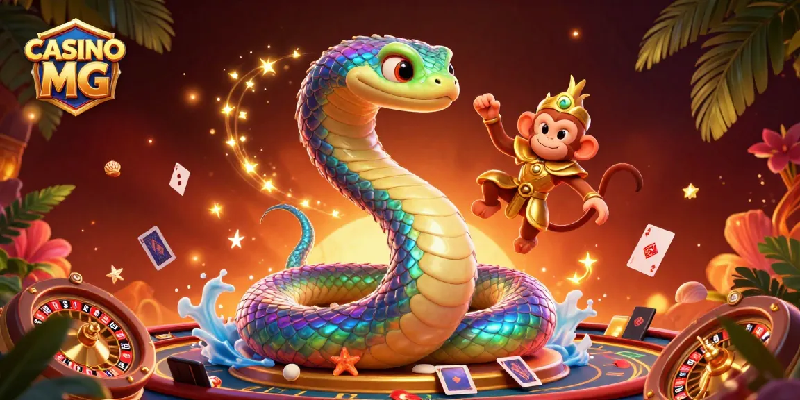 Engage with CASINO MG's vibrant gaming environment featuring a playful monkey king and a magical rainbow serpent.