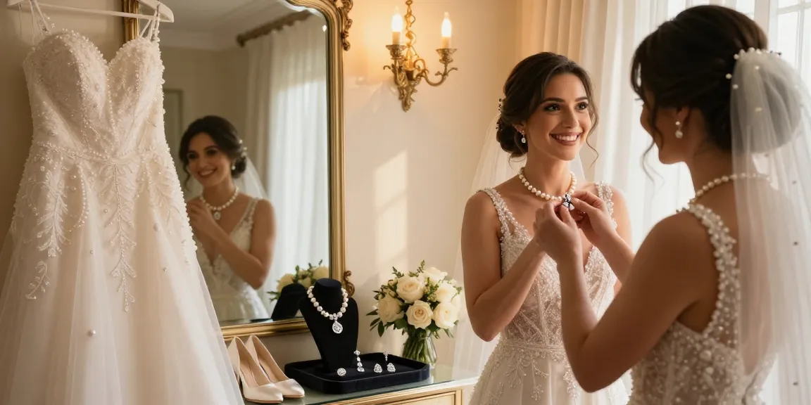 Beautiful bride wearing wedding jewellery for bride, showcasing intricate designs in elegant dressing room.