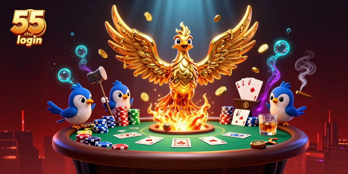 Engage with the thrilling 55 club login experience featuring a golden phoenix rising in a casino scene.