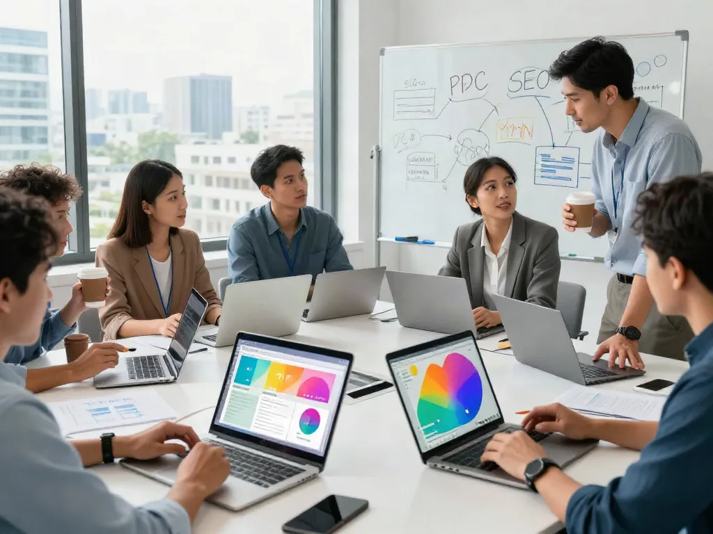 Efficient team collaborating on Paid Ads Management strategies in a modern office