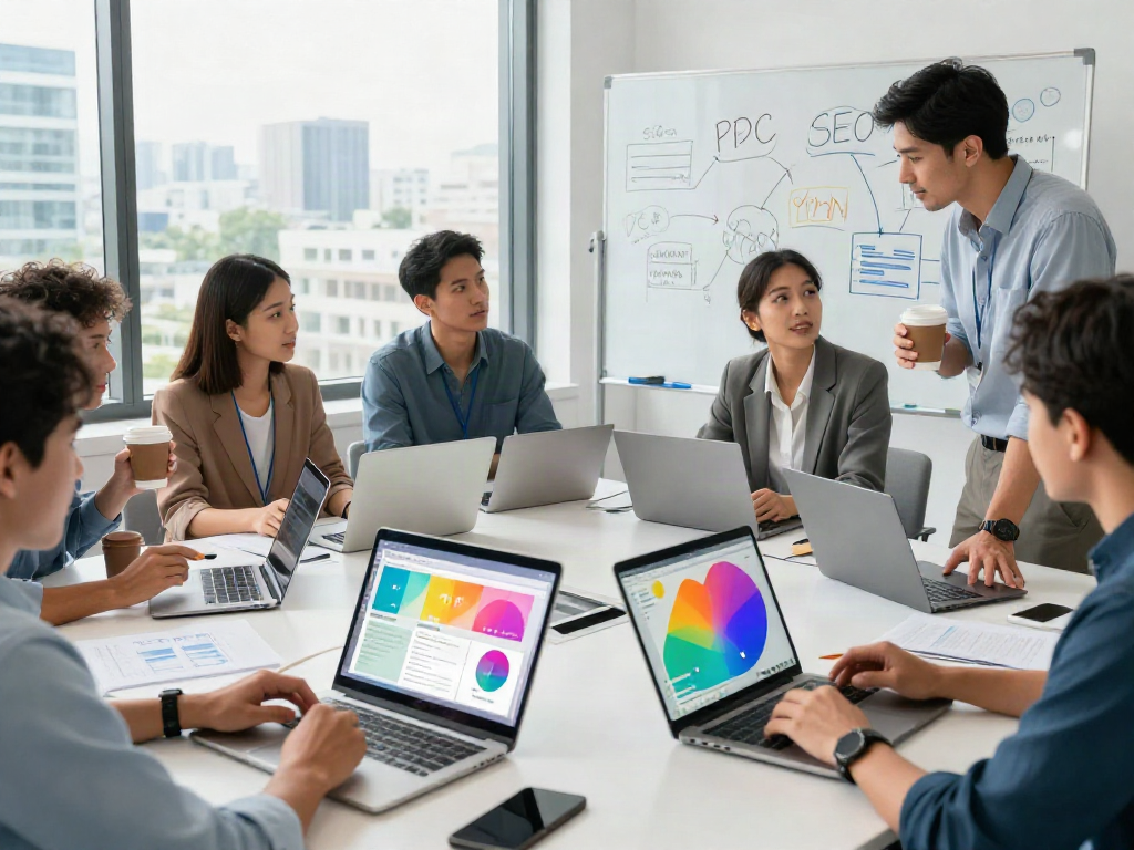 Efficient team collaborating on Paid Ads Management strategies in a modern office