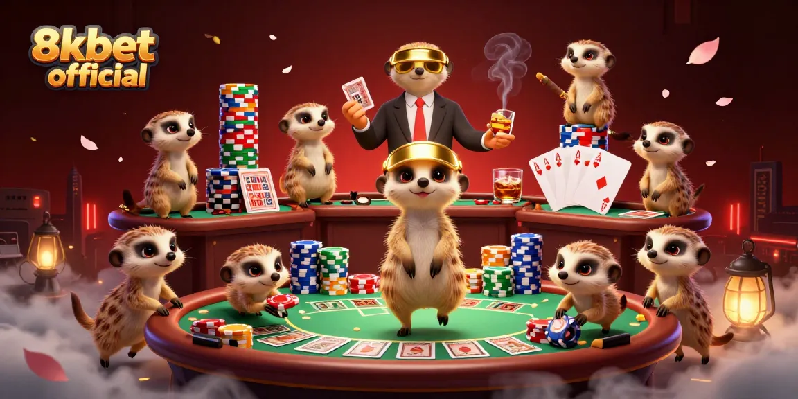 Experience a dynamic 3D illustration of 8xbet official with meerkats managing a vibrant casino.