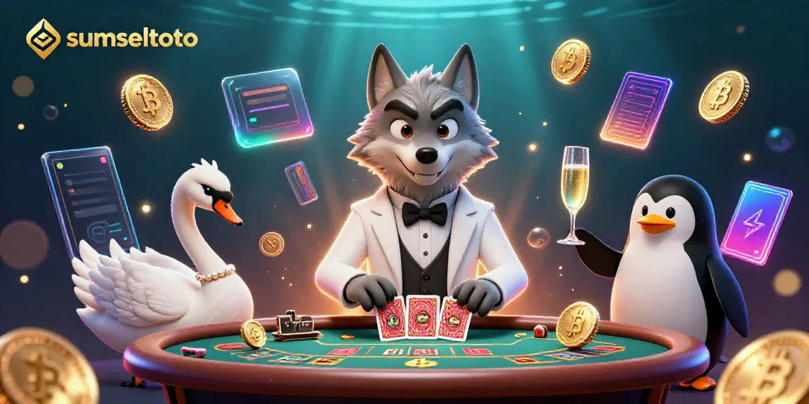 Engage with sumseltoto on a vibrant baccarat table featuring a debonair wolf, elegantly serving cards.