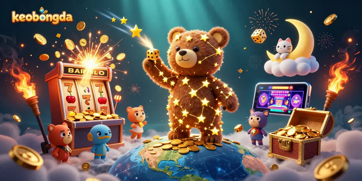 Experience keobongda with cosmic characters and a jackpot slot explosion in a vibrant casino scene.