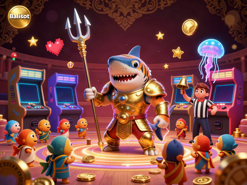 Engage in thrilling Balislot gameplay with a dynamic illustration featuring a tiger shark gladiator in underwater action.