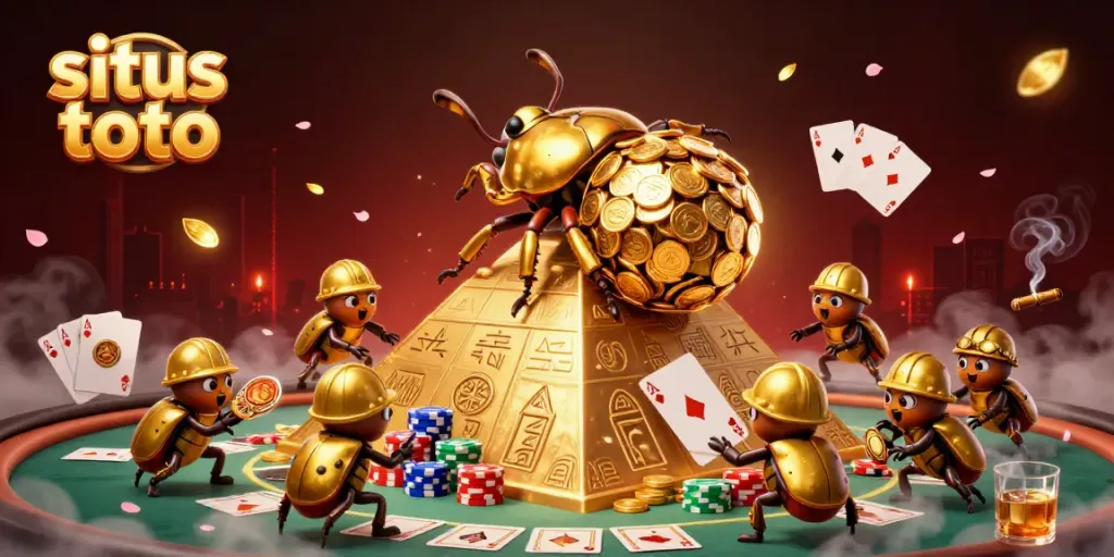 Engage with situs toto through this vibrant scene featuring golden beetles in a casino setting.
