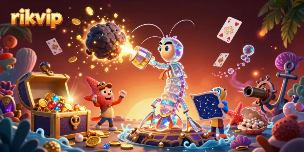 Experience thrill at rikvip with a galactic samurai mantis shrimp and underwater treasures in vibrant casino scene.