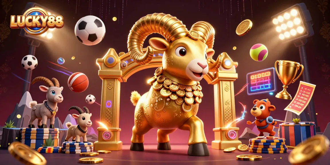 LUCKY88 brings excitement with golden ram and sports elements in a vibrant casino scene.