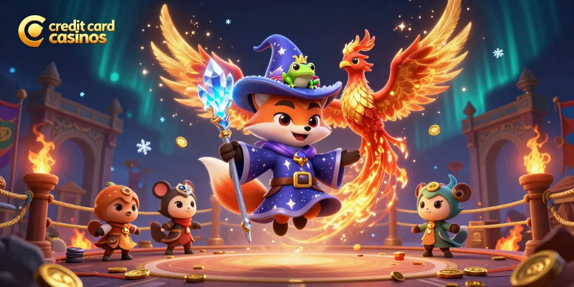 Experience the magic of credit card casinos with a wizard, phoenix, and a frog amidst coins and dynamic effects.