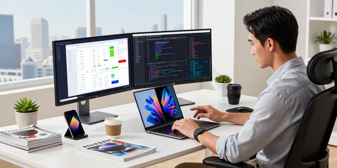 Foldable phones 2026 showcased in a modern tech workspace with a professional analyzing data.