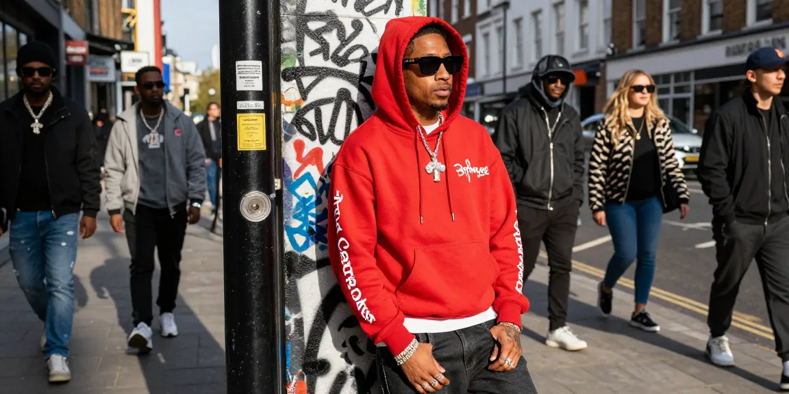 Stylish individual in Chrome Hearts apparel against urban backdrop, showcasing luxury streetwear.