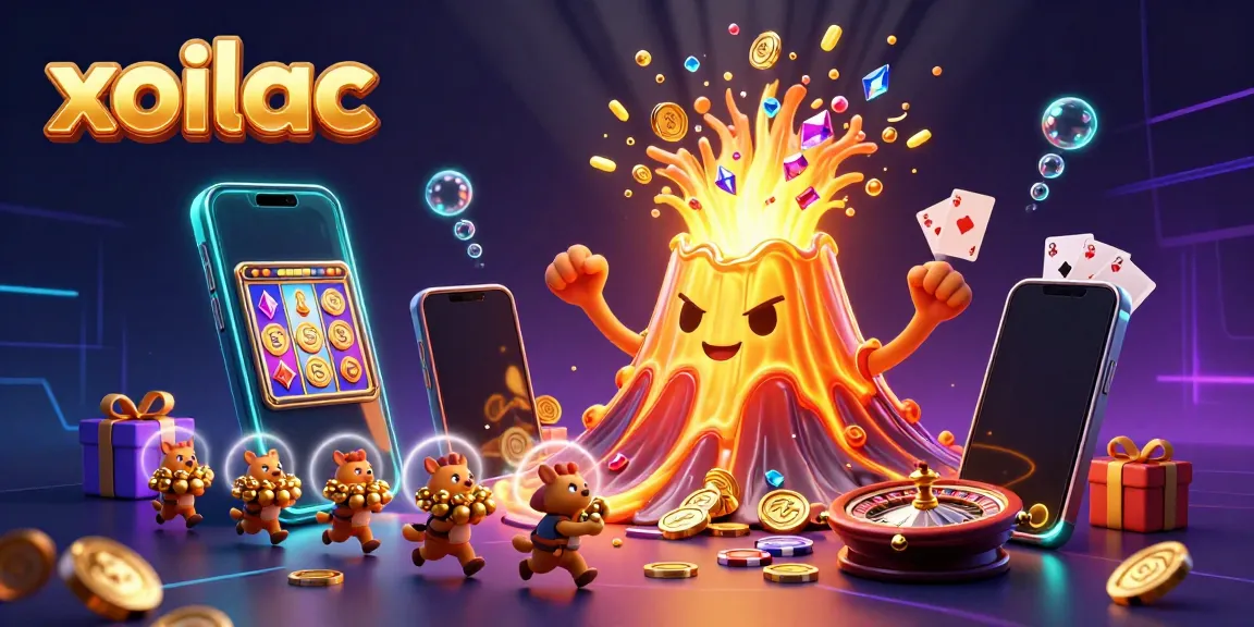 Experience the thrill of xoilac with a 3D volcano erupting treasures and a vibrant scene of casino excitement.