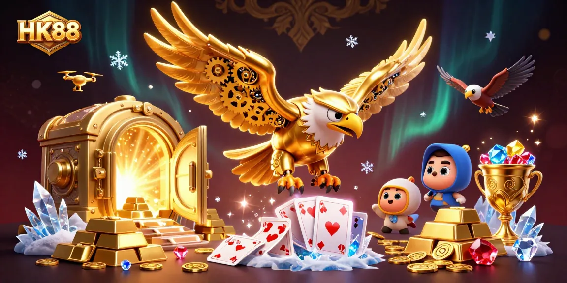 Experience winning strategies at HK88 with vibrant 3D casino illustration of a golden eagle amid treasure and cards.