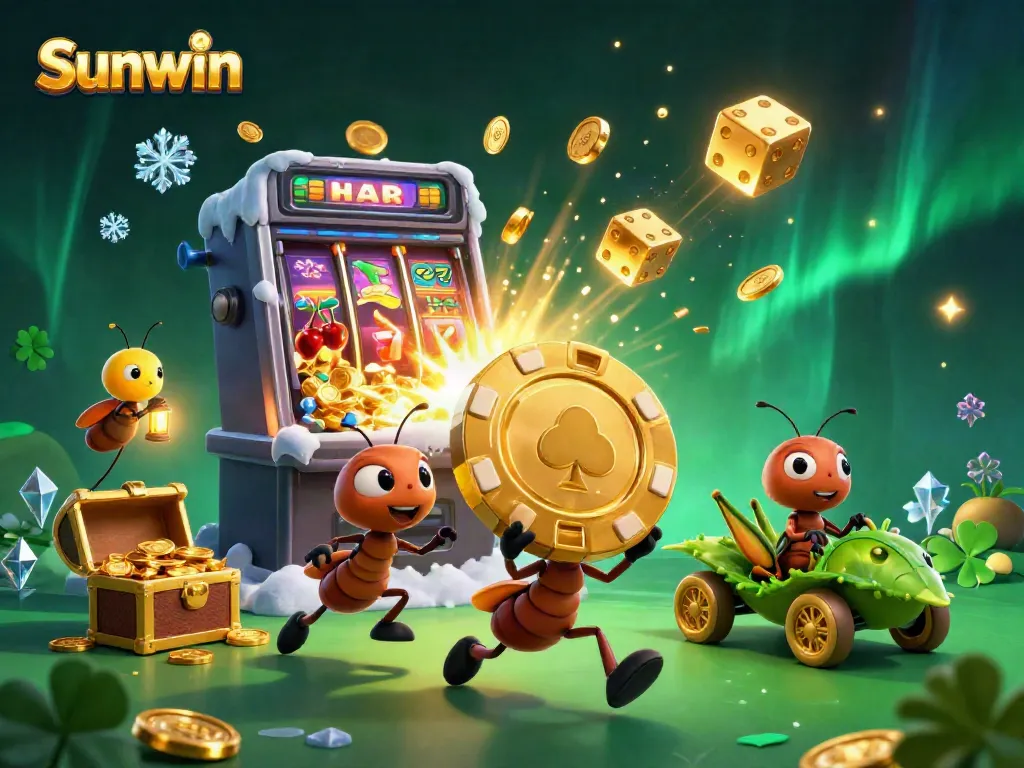Engage in thrilling gameplay with Sunwin as cartoon ants carry a giant poker chip through a vibrant casino scene.