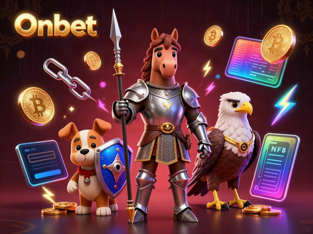 Engage with Onbet in a vibrant 3D casino scene featuring a knight, a puppy squire, and a falcon amidst crypto elements.