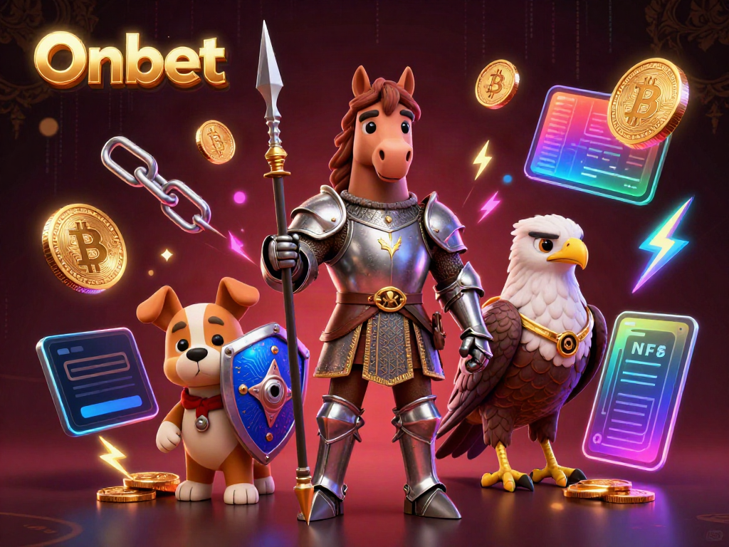 Engage with Onbet in a vibrant 3D casino scene featuring a knight, a puppy squire, and a falcon amidst crypto elements.