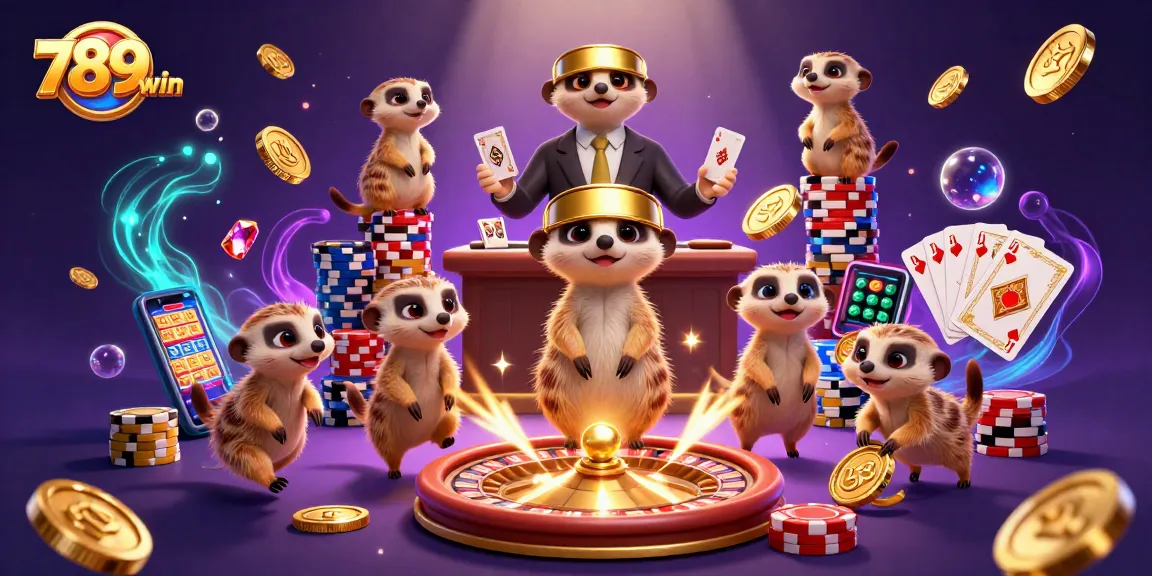 Engage with thrilling slots at 789win, featuring vibrant meerkat casino characters amidst cascading coins.