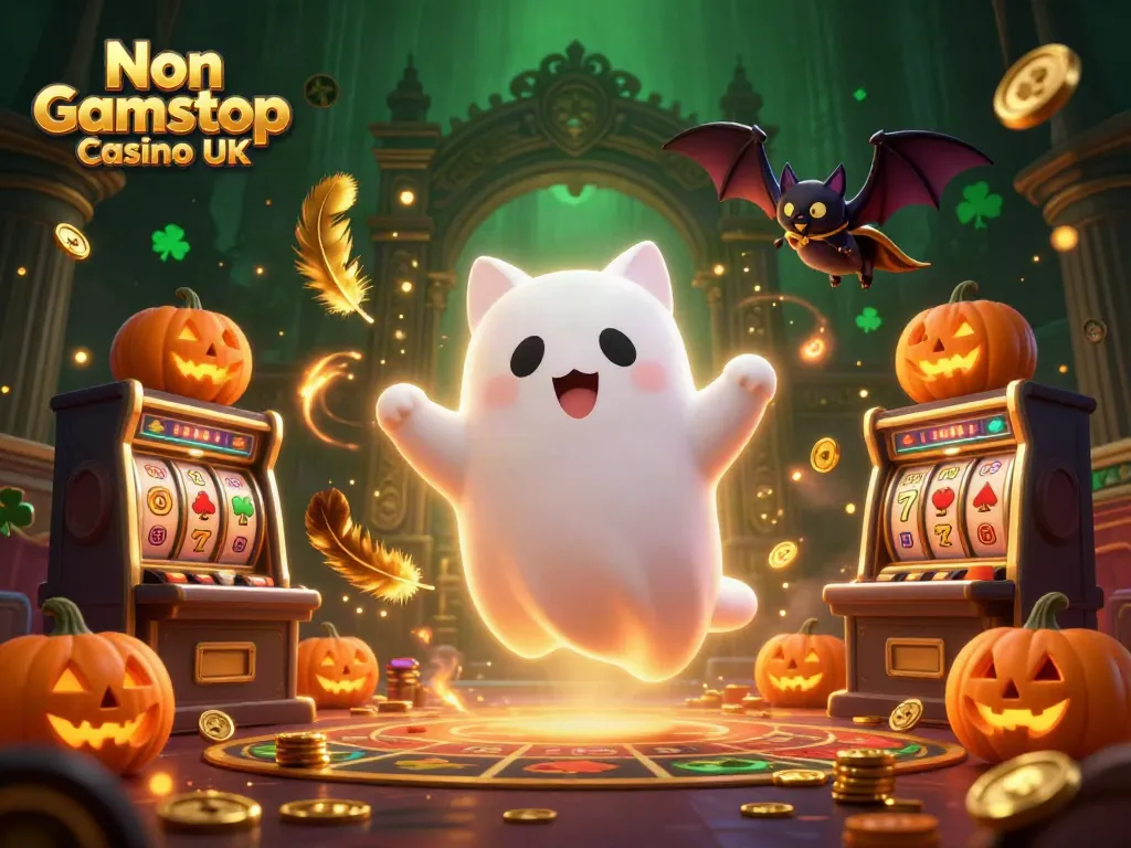 Engage with Non Gamstop Casino UK through a ghost cat and vibrant casino setting filled with slot reels and glowing items.