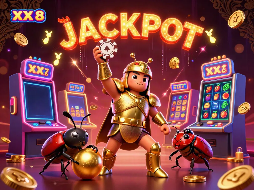 Experience the excitement of XX 8 with a winning hercules beetle and vibrant slot machines in a dynamic casino scene.