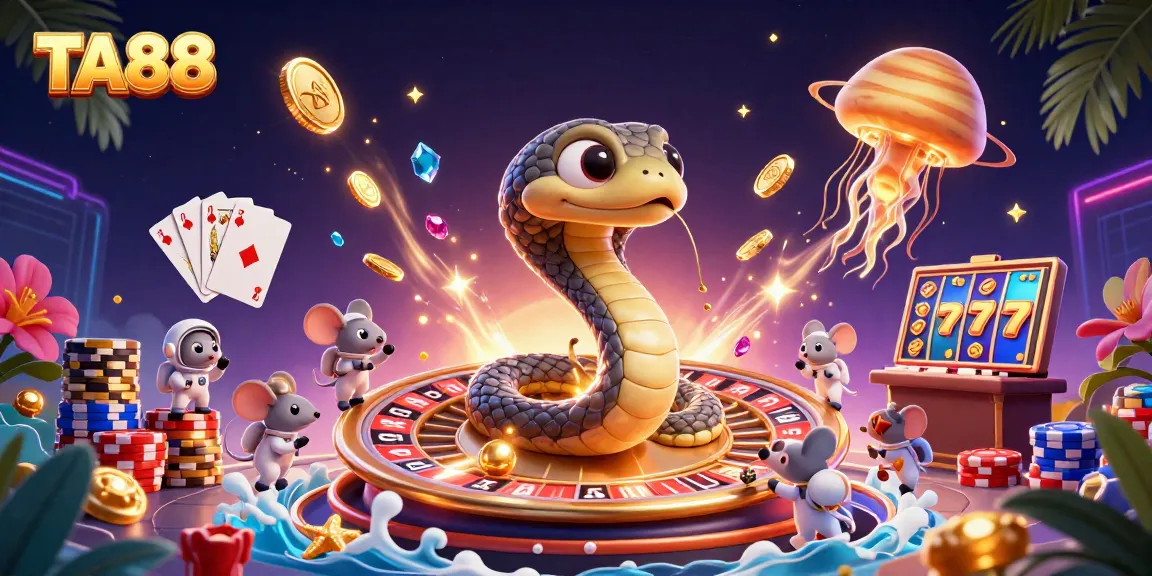 Engaging TA88 gambling scene with a Saturn ring snake as a roulette wheel and vibrant cosmic characters.