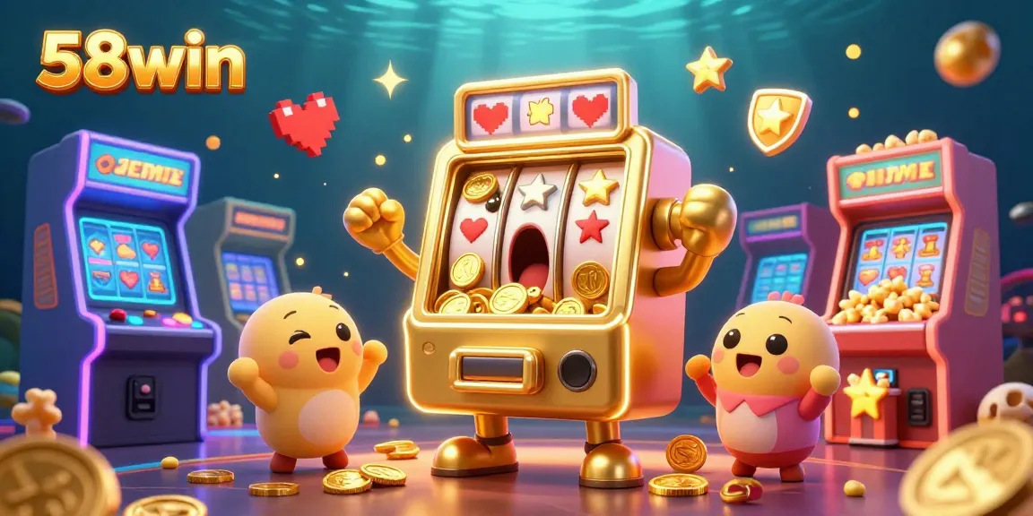 Experience thrilling gameplay as 58win's golden slot machine celebrates its jackpot, surrounded by cheering slot friends.