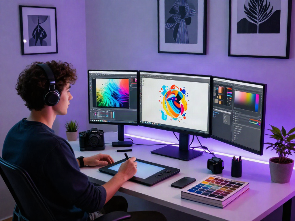 Creative professional using nsfw ai in a dynamic digital workspace, showcasing AI-generated artwork.