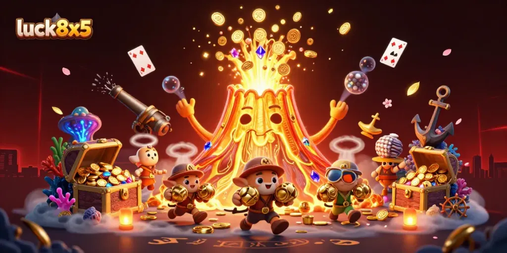 Engage with the excitement of luck8x5 as a golden volcano erupts in a treasure-filled casino scene.