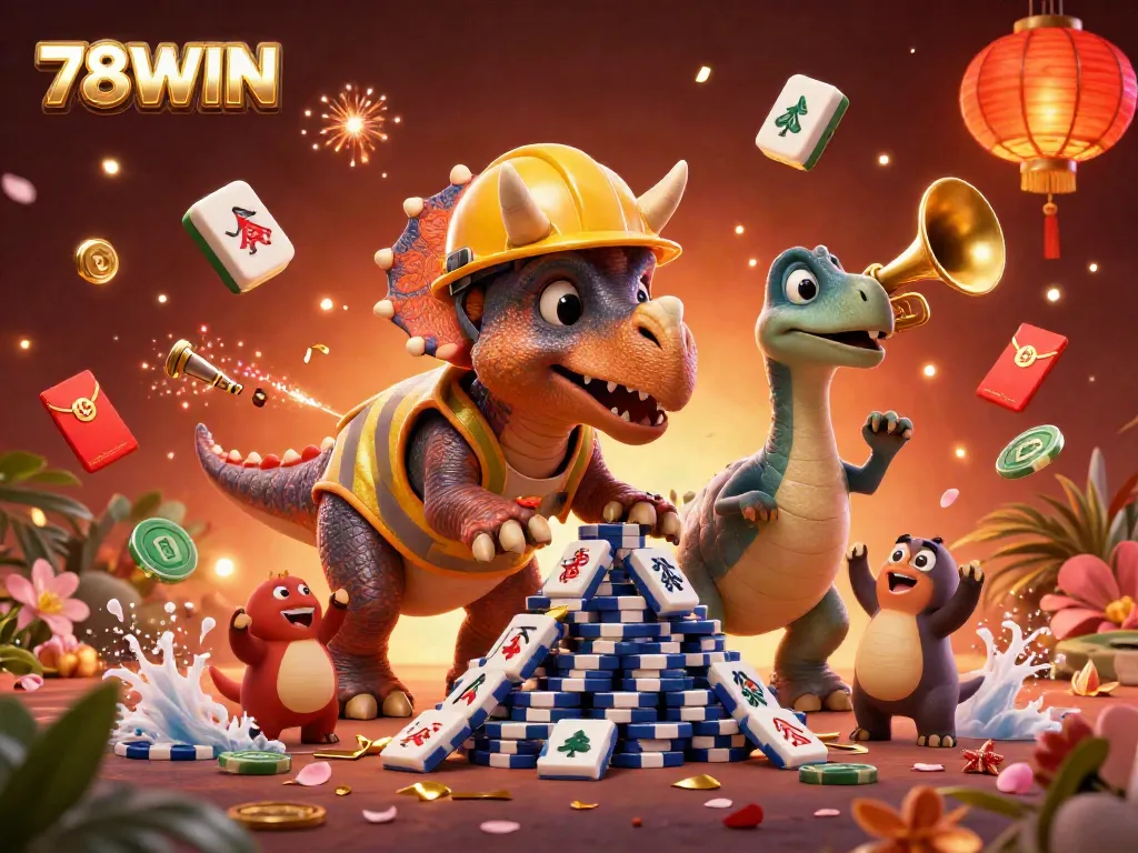 Experience the thrill of gaming at 78WIN with cartoon dinosaurs celebrating a big win amidst festive casino elements.