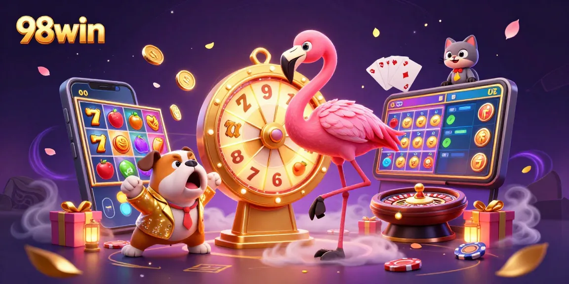 Spin the prize wheel with 98win, where colorful slot games collide with vibrant casino elements.