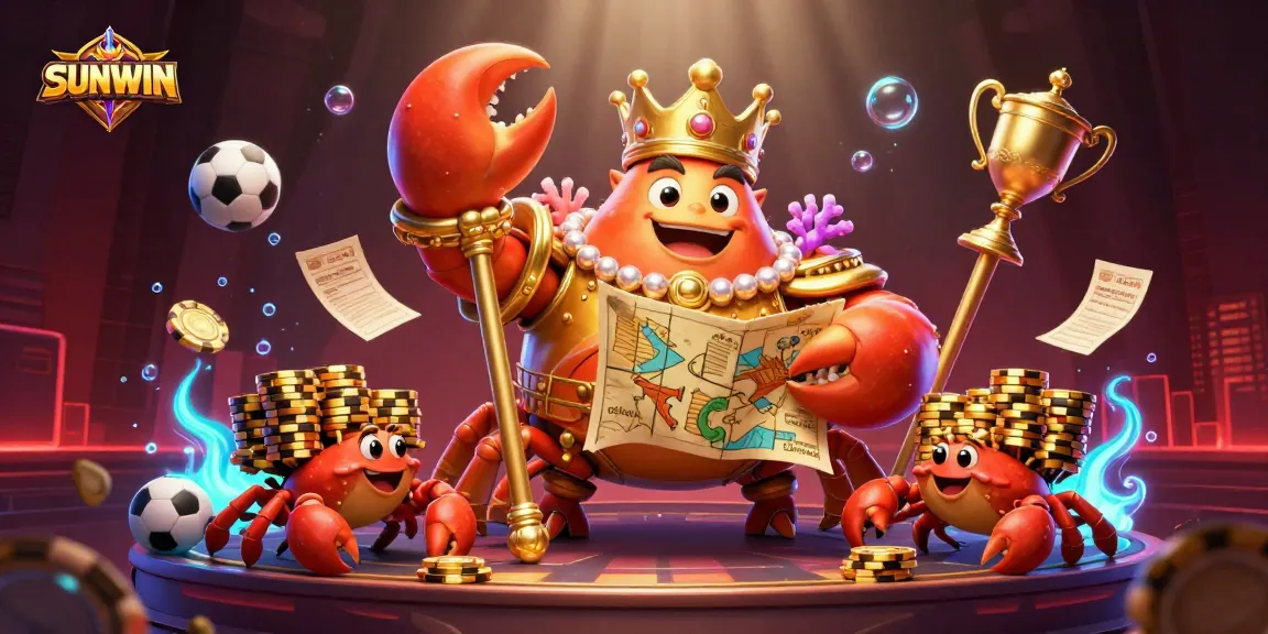 SUNWIN sports betting illustration featuring a golden crab emperor and lively creatures amidst vibrant casino elements.