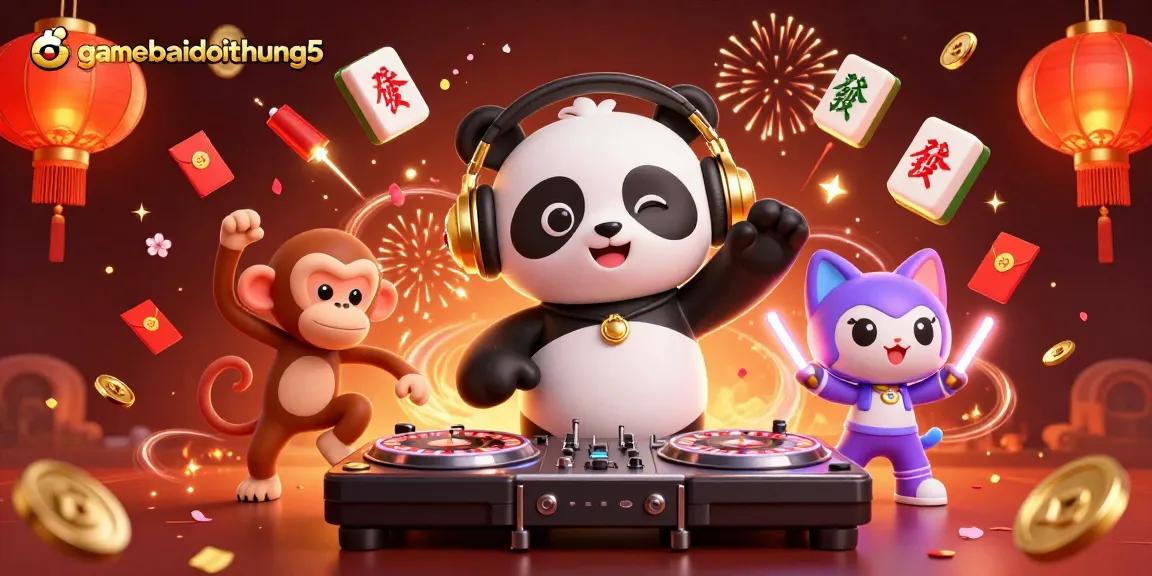 Experience the excitement of gamebaidoithuong5 with vibrant action featuring DJ panda and dancing animals.