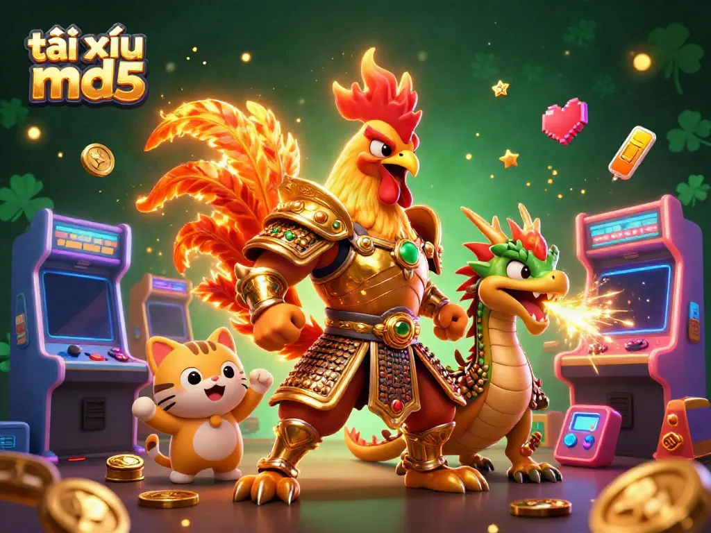 Engaging scene of powerful characters representing tài xỉu md5 in a vibrant casino setting filled with arcade elements.