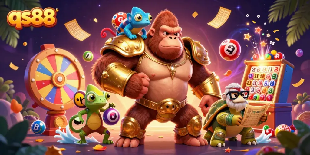 qs88 captures the vibrant casino atmosphere with colorful game elements and animated characters.