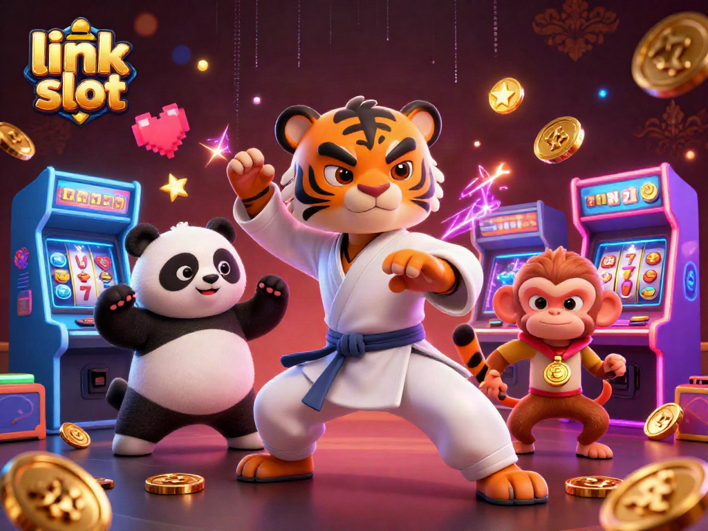 Experience excitement with link slot in a vibrant 3D casino scene showcasing lively characters and game elements.
