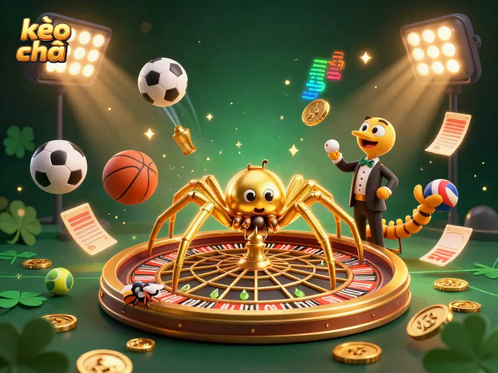 Experience the excitement of kèo nhà cái as a cartoon spider spins a roulette wheel web with sports elements.
